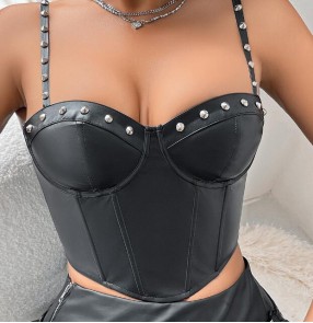 Women nightclub pu leather rivet jazz dance tops punk rock motorcyle style cropped short bra top vest 